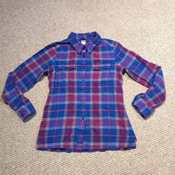 Patagonia Fjord Flannel Shirt Womens 4 Blue Purple Plaid Organic Cotton Outdoor - Picture 1 of 5